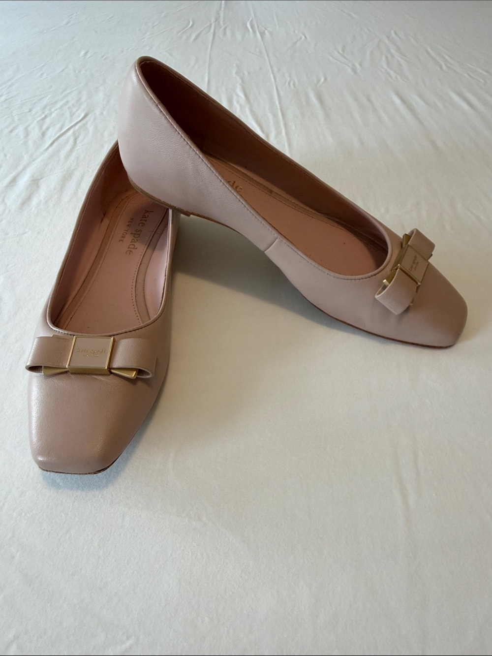 kate spade blush bow-embellished leather flats